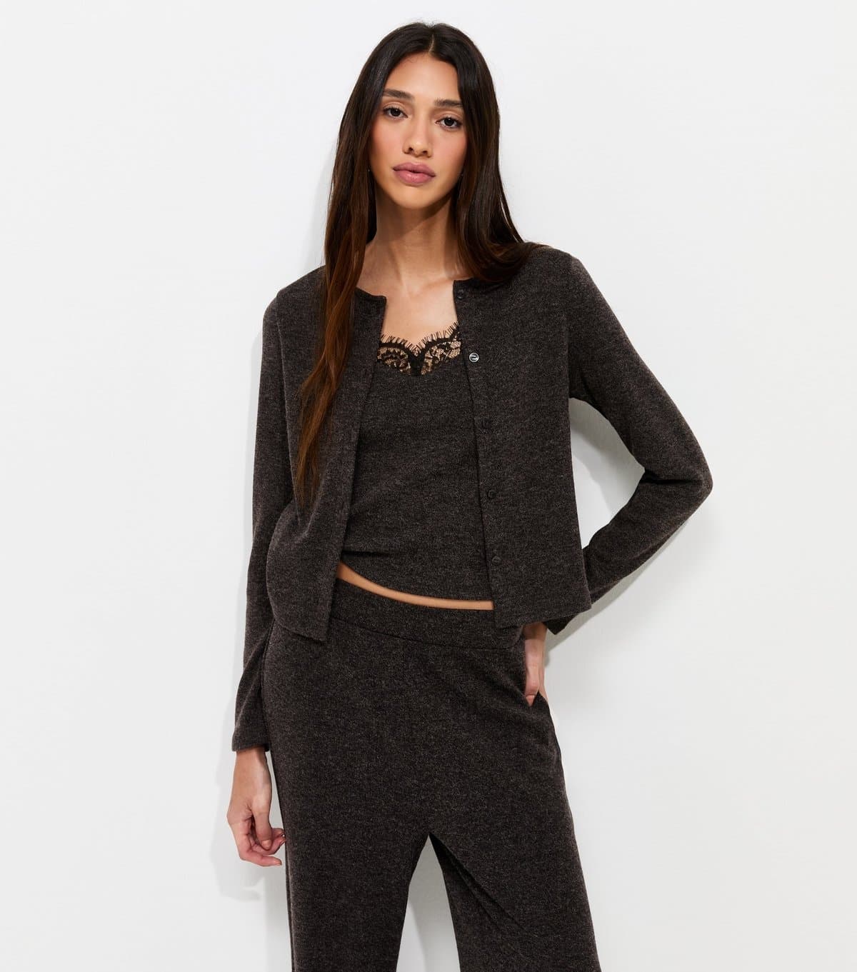 New Look Women's Dark Grey Lace Trim 2 In 1 Cami Top Cardigan New Look