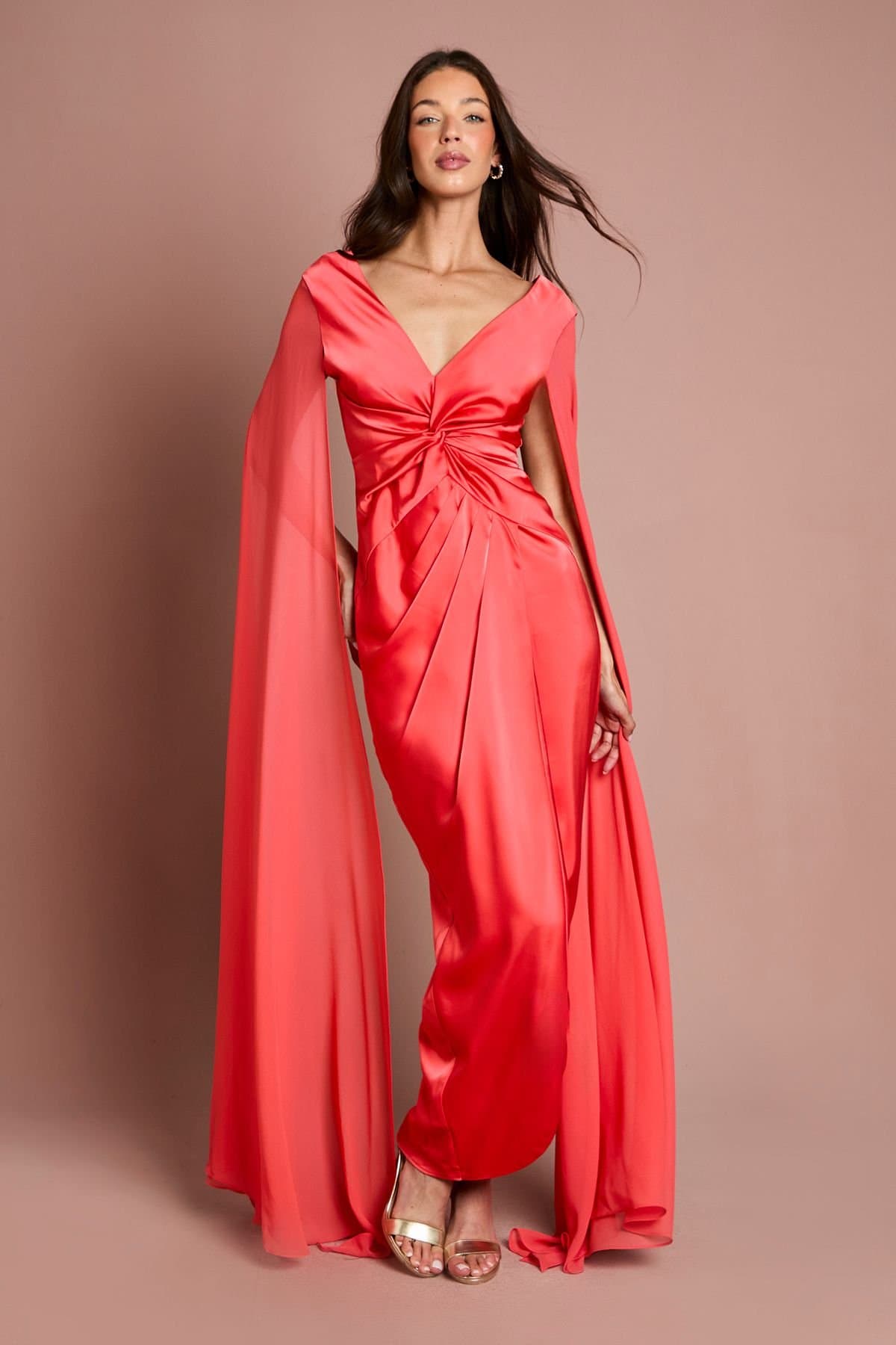 Coast Coast Women's Satin Cape Sleeve Maxi Dress in Coral