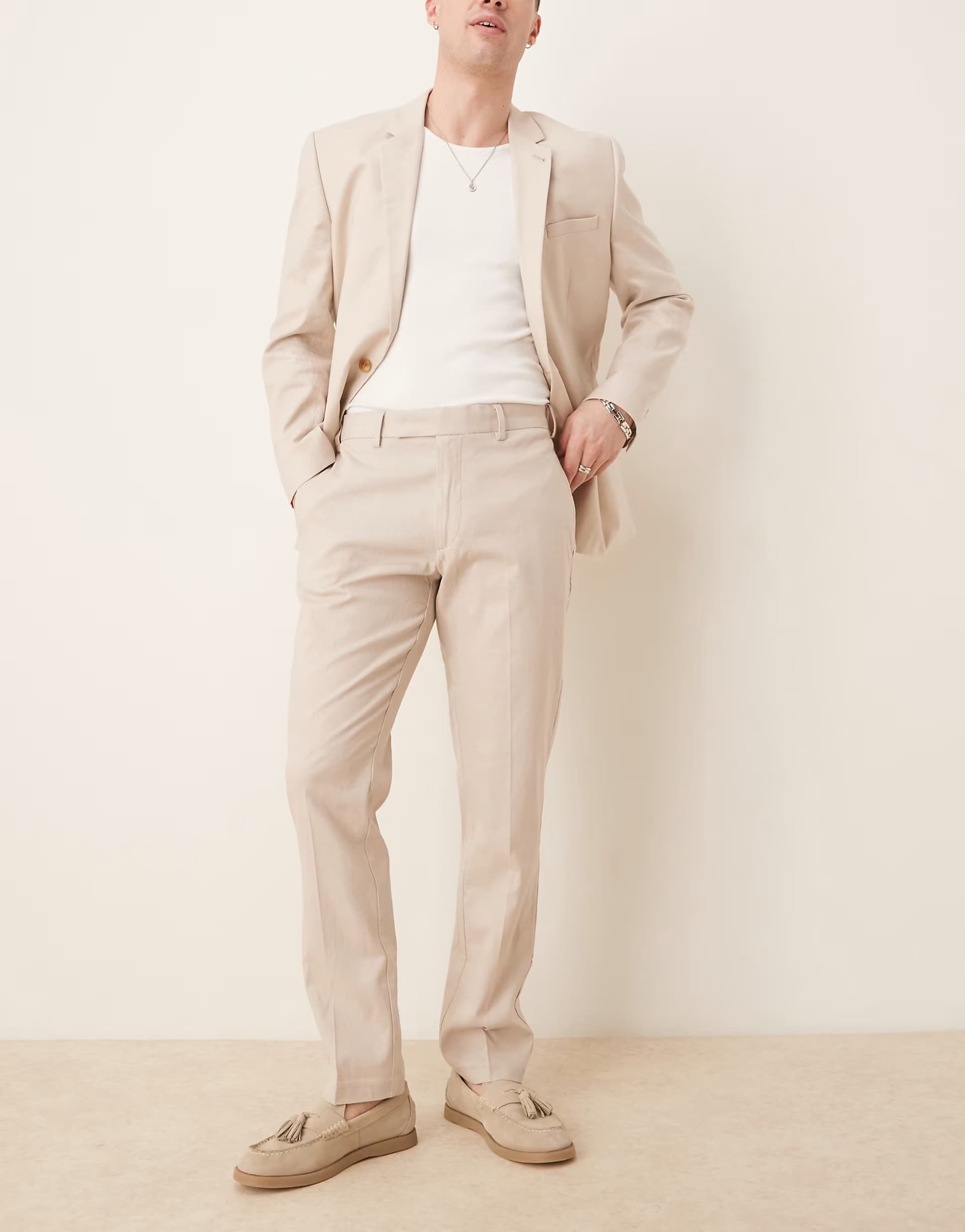 ASOS ASOS DESIGN smart slim fit linen blend trousers in stone