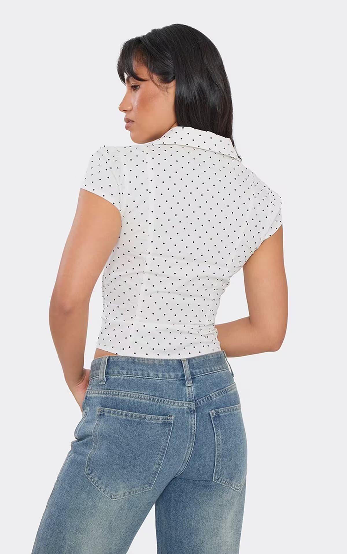 EGO Short Sleeve Ruched Waist Shirt In White Polka Dot, Women's Size UK 6