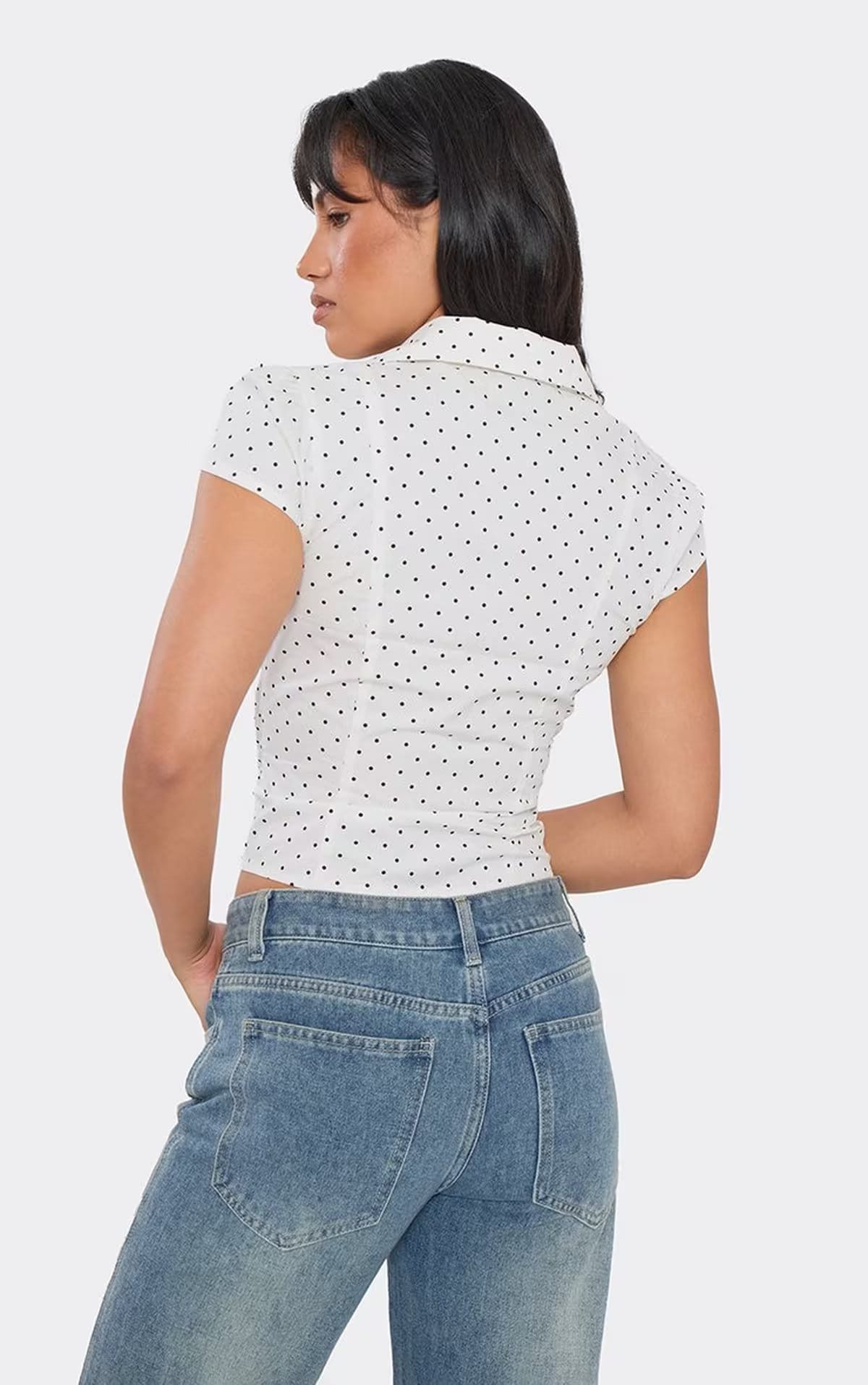 EGO Short Sleeve Ruched Waist Shirt In White Polka Dot, Women's Size UK 6 - 1