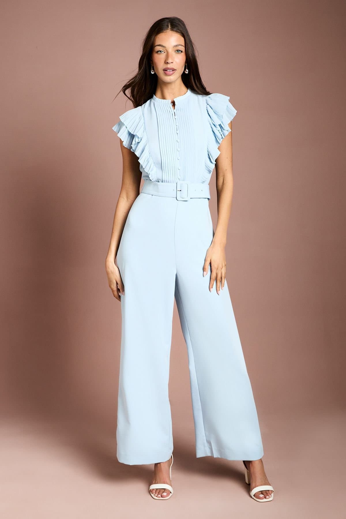 Coast Coast Women's Button Down Pleated Wide Leg Jumpsuit in Light Blue