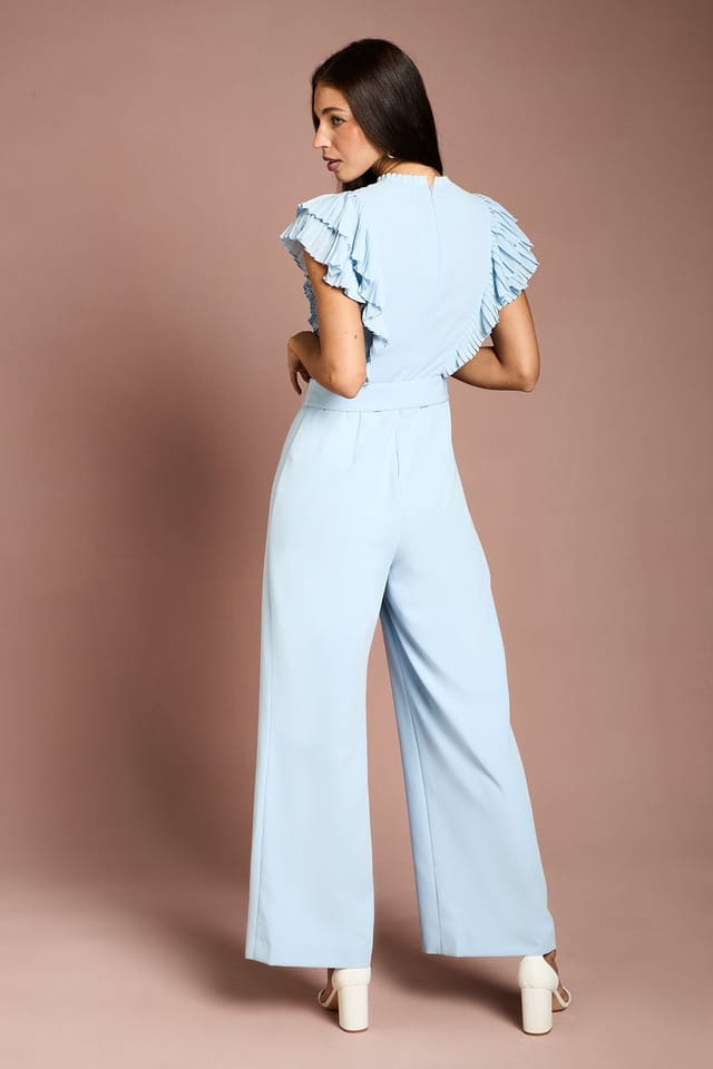 Coast Coast Women's Button Down Pleated Wide Leg Jumpsuit in Light Blue - 3