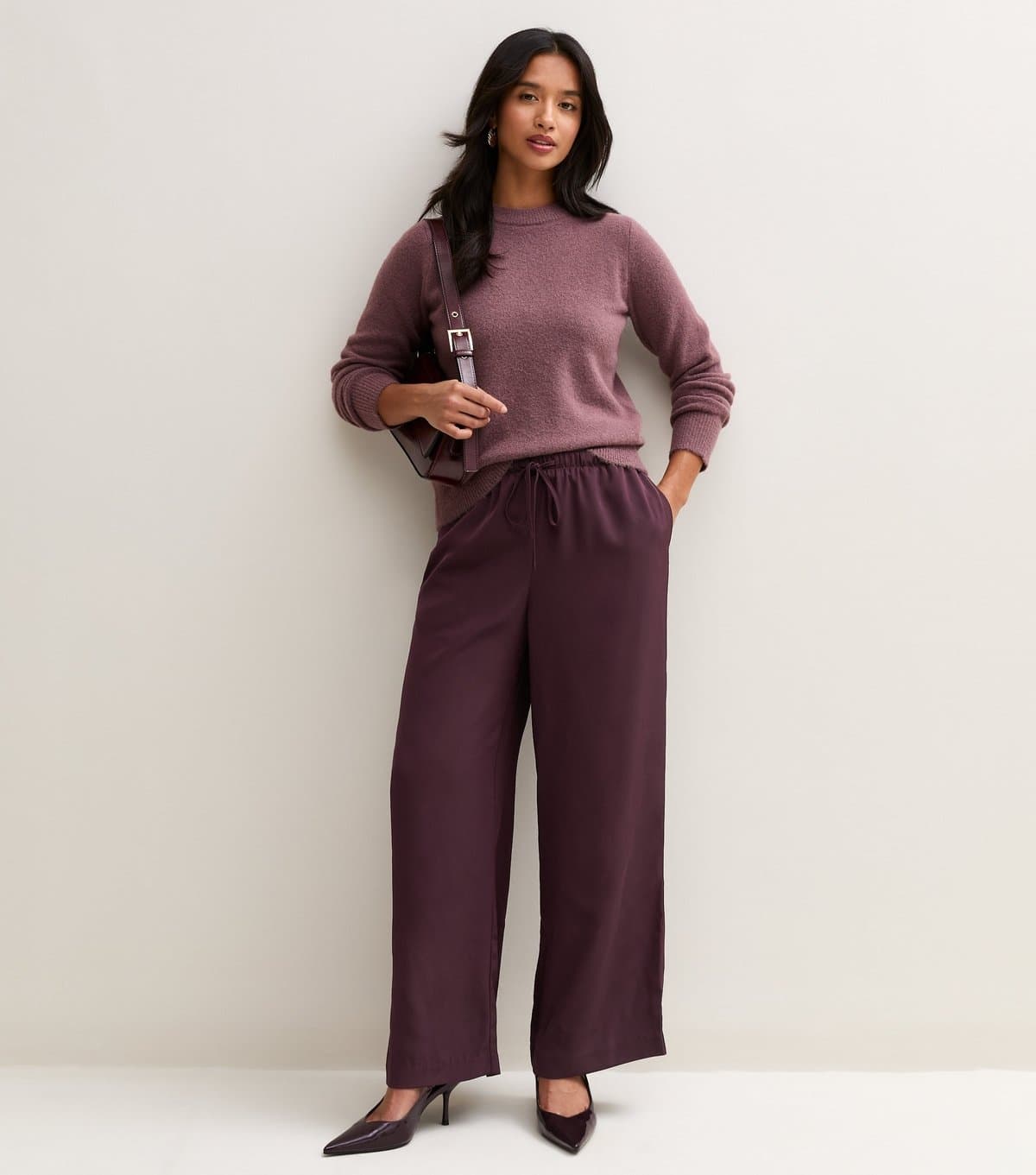 New Look Women's Petite Dark Burgundy Satin Wide Leg Trousers New Look