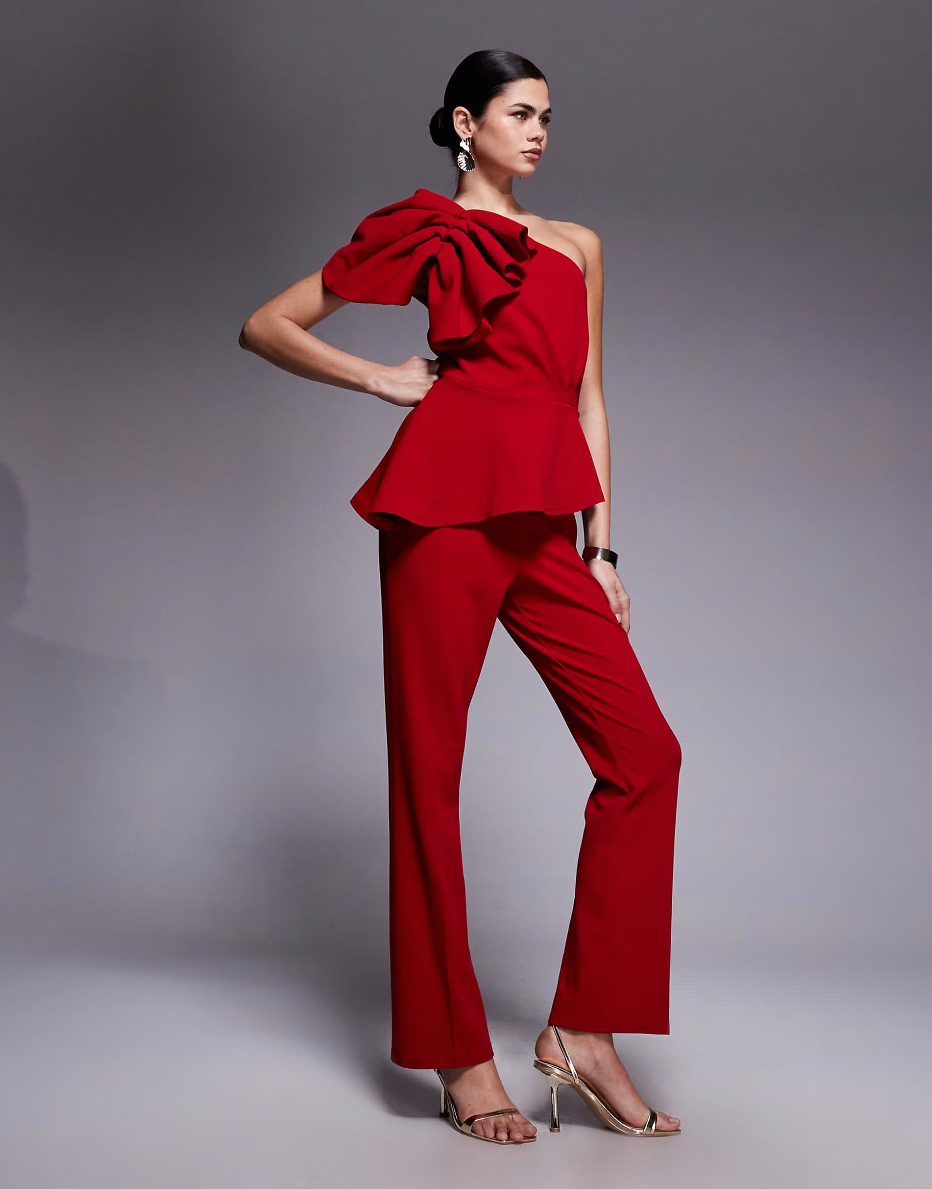 ASOS River Island asymmetric ruffle jumpsuit in red 