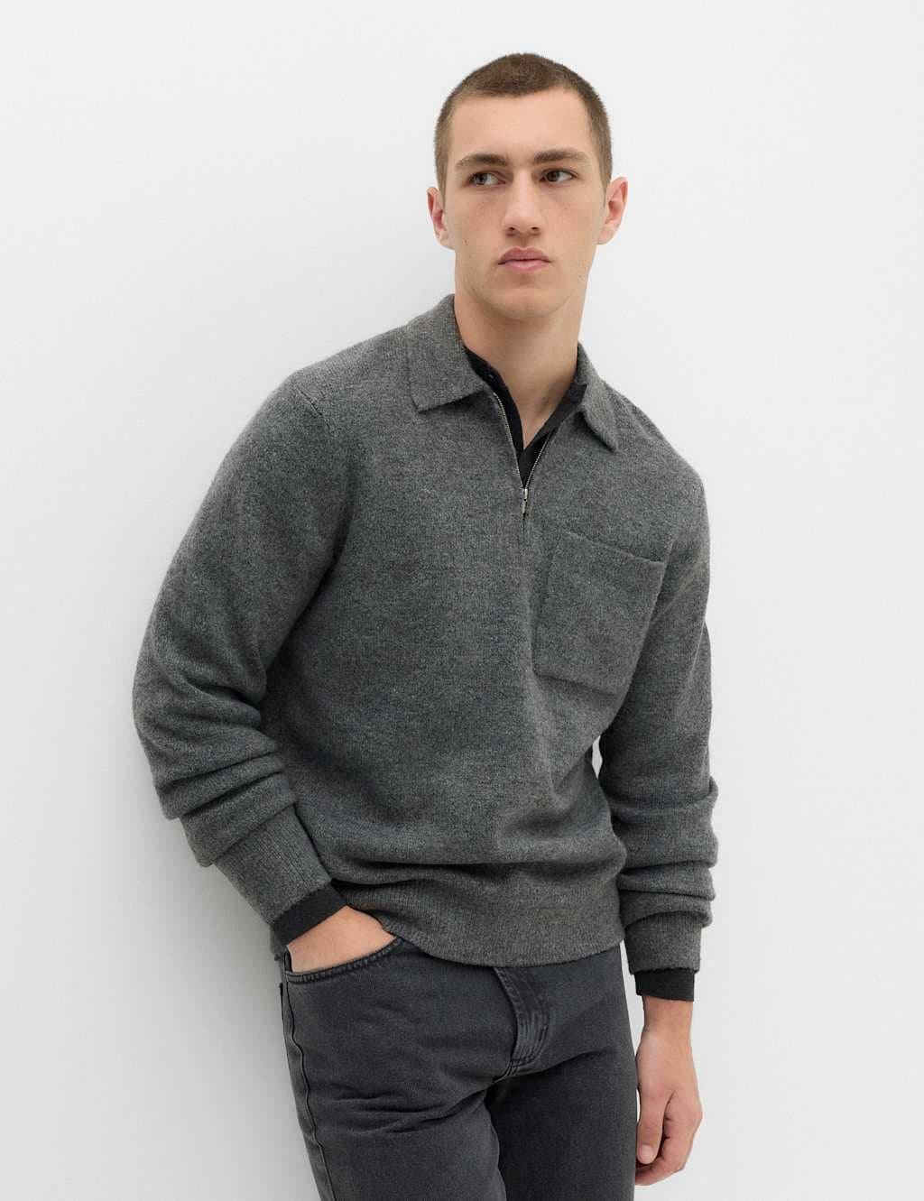 Marks & Spencer M&S Supersoft Quarter Zip Knitted Polo Shirt Dark Charcoal