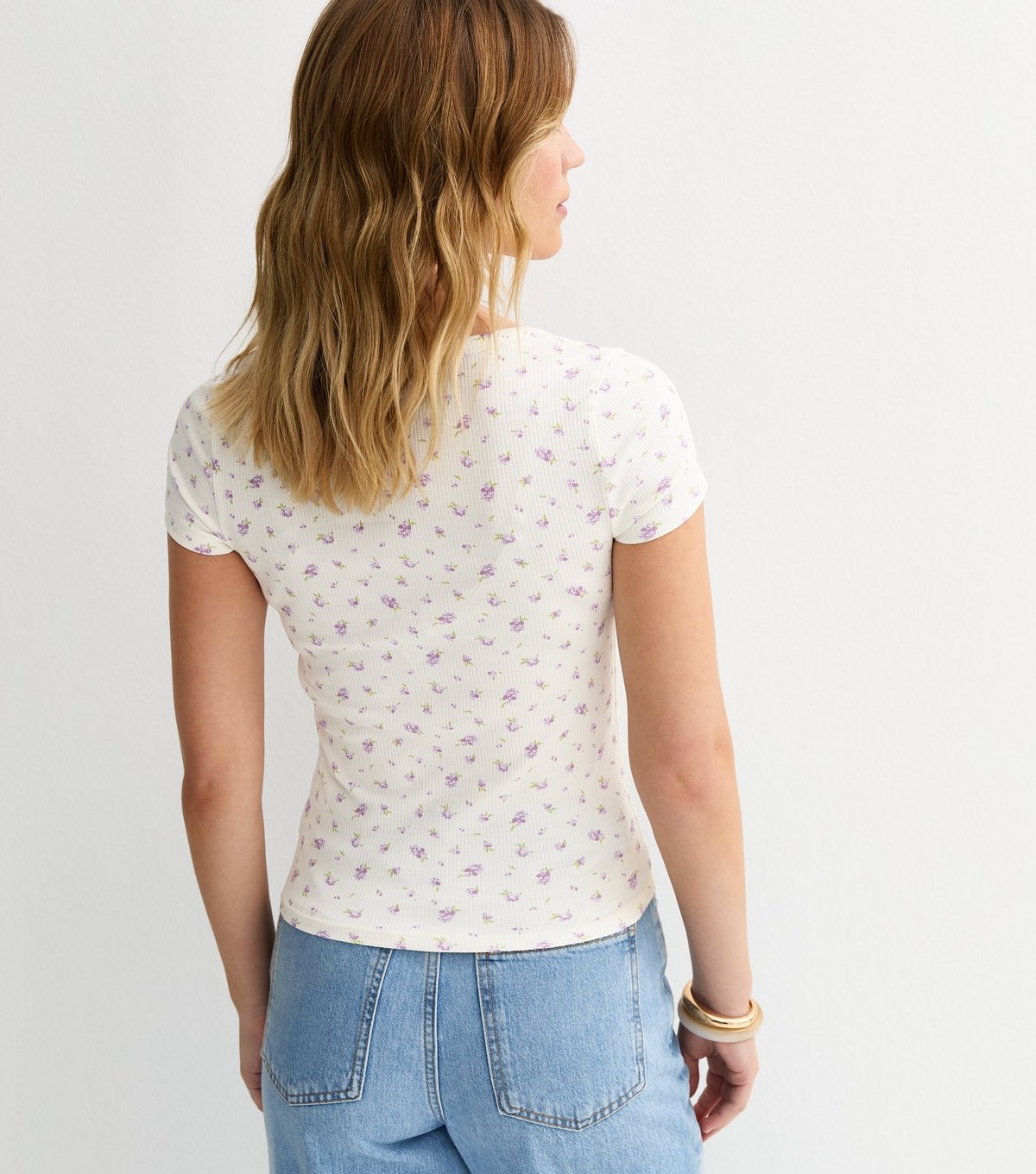 New Look Women's Cream Floral Print Square Neck T-Shirt New Look - 4