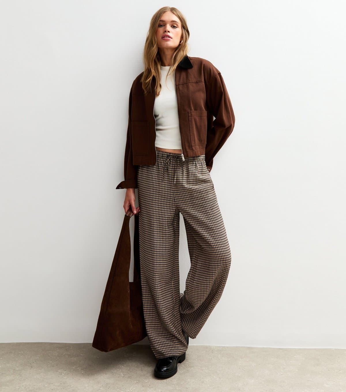 New Look Women's Brown Checked Wide Leg Trousers New Look