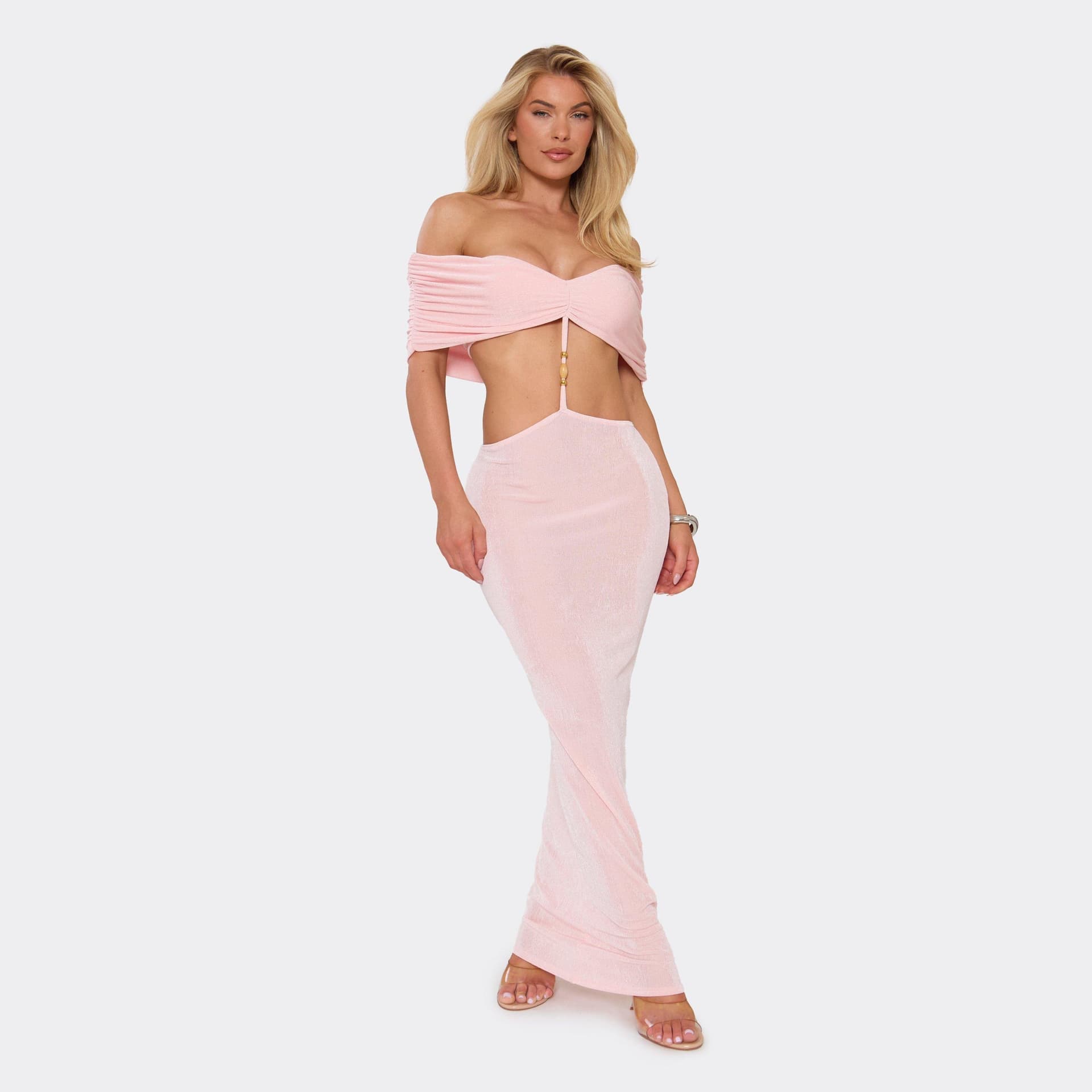 EGO Bardot Beaded Trim Detail Cut Out Maxi Dress In Baby Pink, Women's Size UK 8