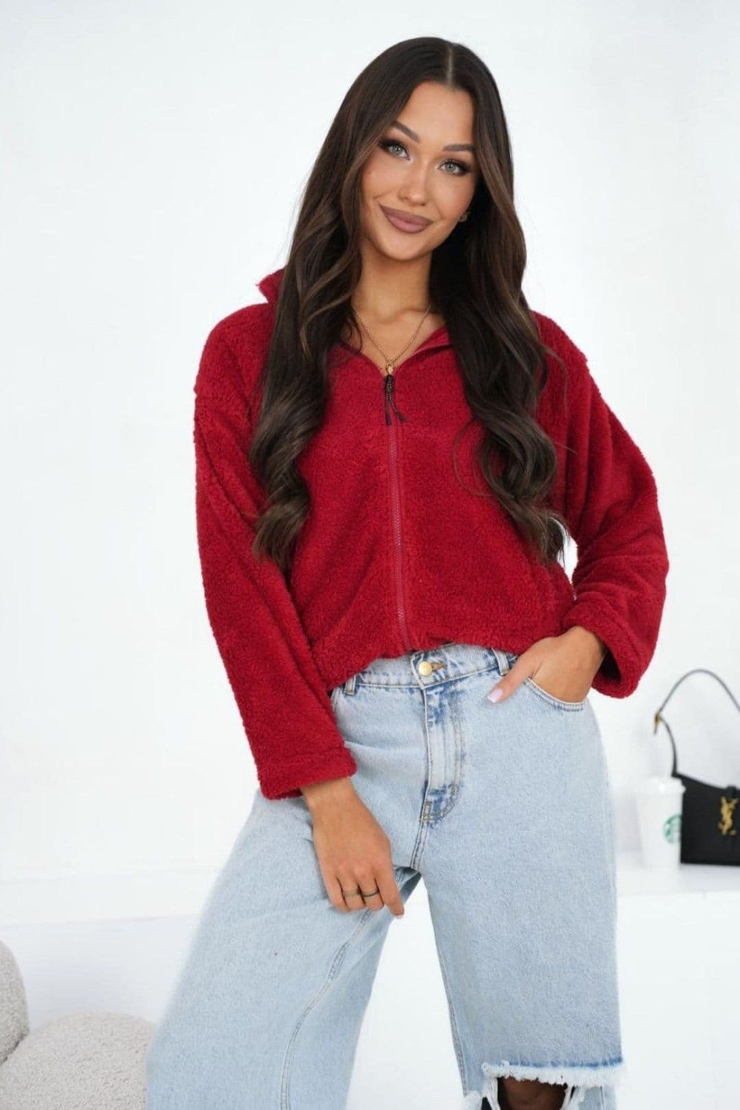 Love Lace Red Teddy Bear Zip Collar Sweatshirt