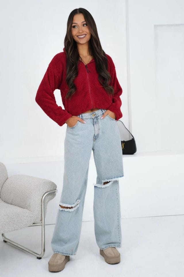 Love Lace Love Lace Women's Soft Teddy Bear Zip Collar Casual Sweatshirt in Red - 2