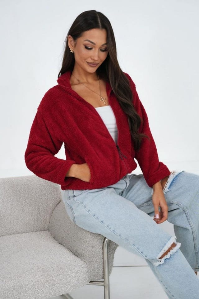 Love Lace Love Lace Women's Soft Teddy Bear Zip Collar Casual Sweatshirt in Red - 3