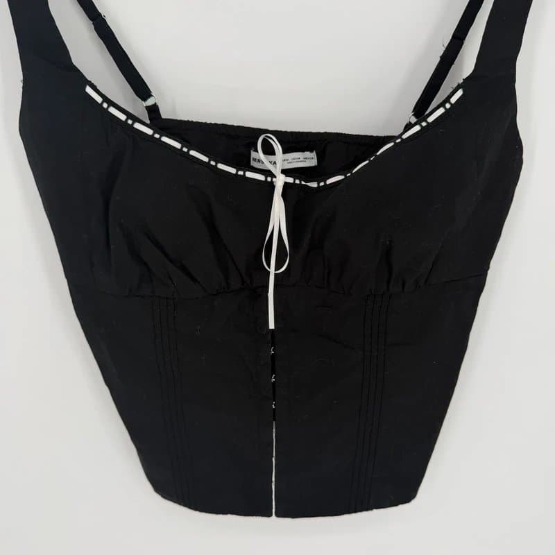 Bershka Y2K black corset cami top MED ribbon milkmaid coquette indie