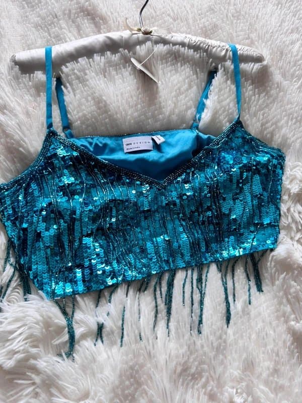 ASOS ASOS sequin bralette top turquoise with beaded fringe tassels side zip size 8