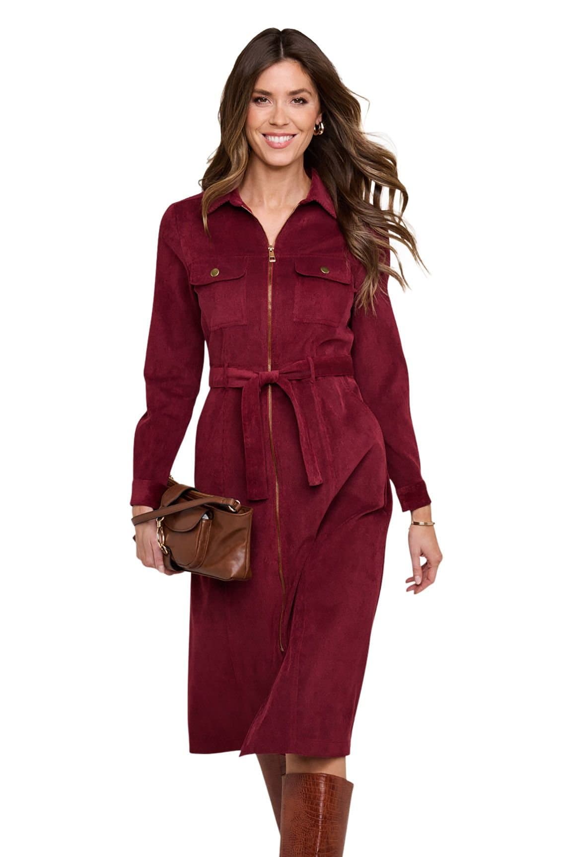 Amber Amber Women's Stretch Corduroy Zip Front Midi Dress with Long Sleeves in Dark Red
