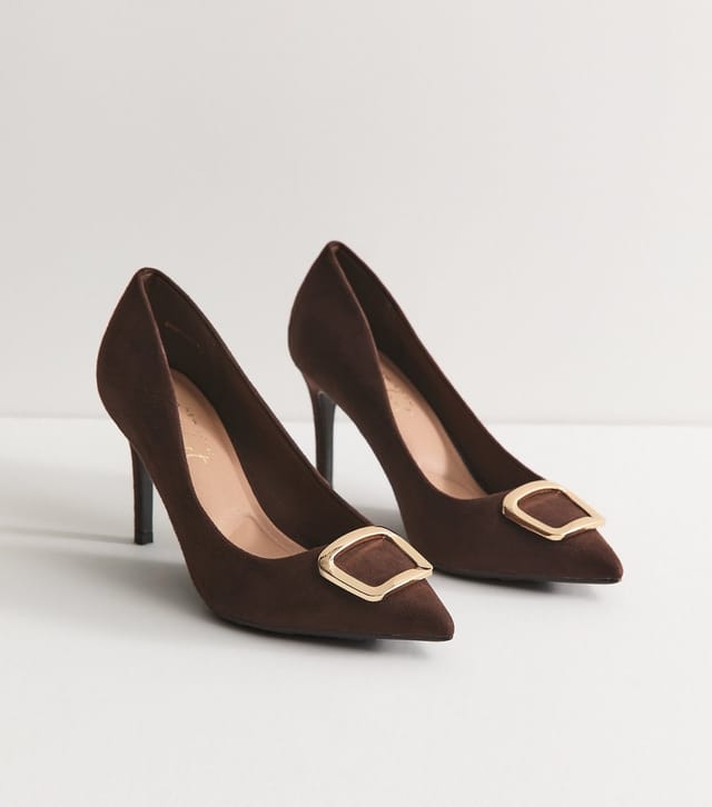 New Look Women's Wide Fit Dark Brown Faux Suede Buckle Front Court Shoes Vegan New Look - 2