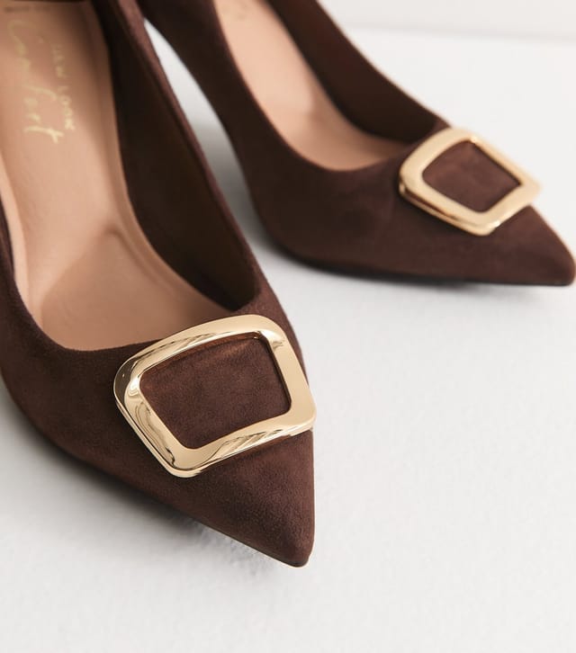 New Look Women's Wide Fit Dark Brown Faux Suede Buckle Front Court Shoes Vegan New Look - 3