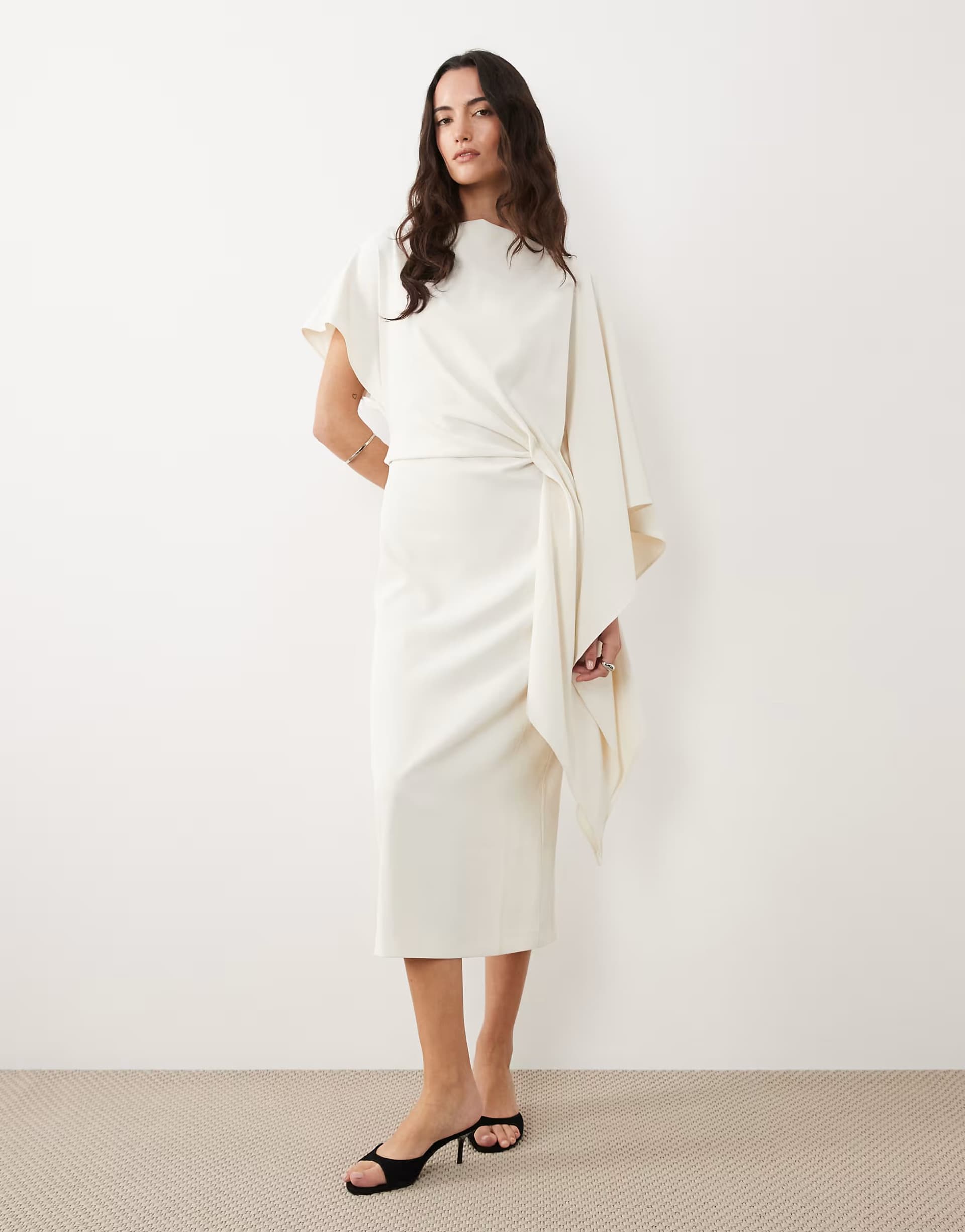 ASOS Mango boat neck asymetric sleeve midi dress in off white