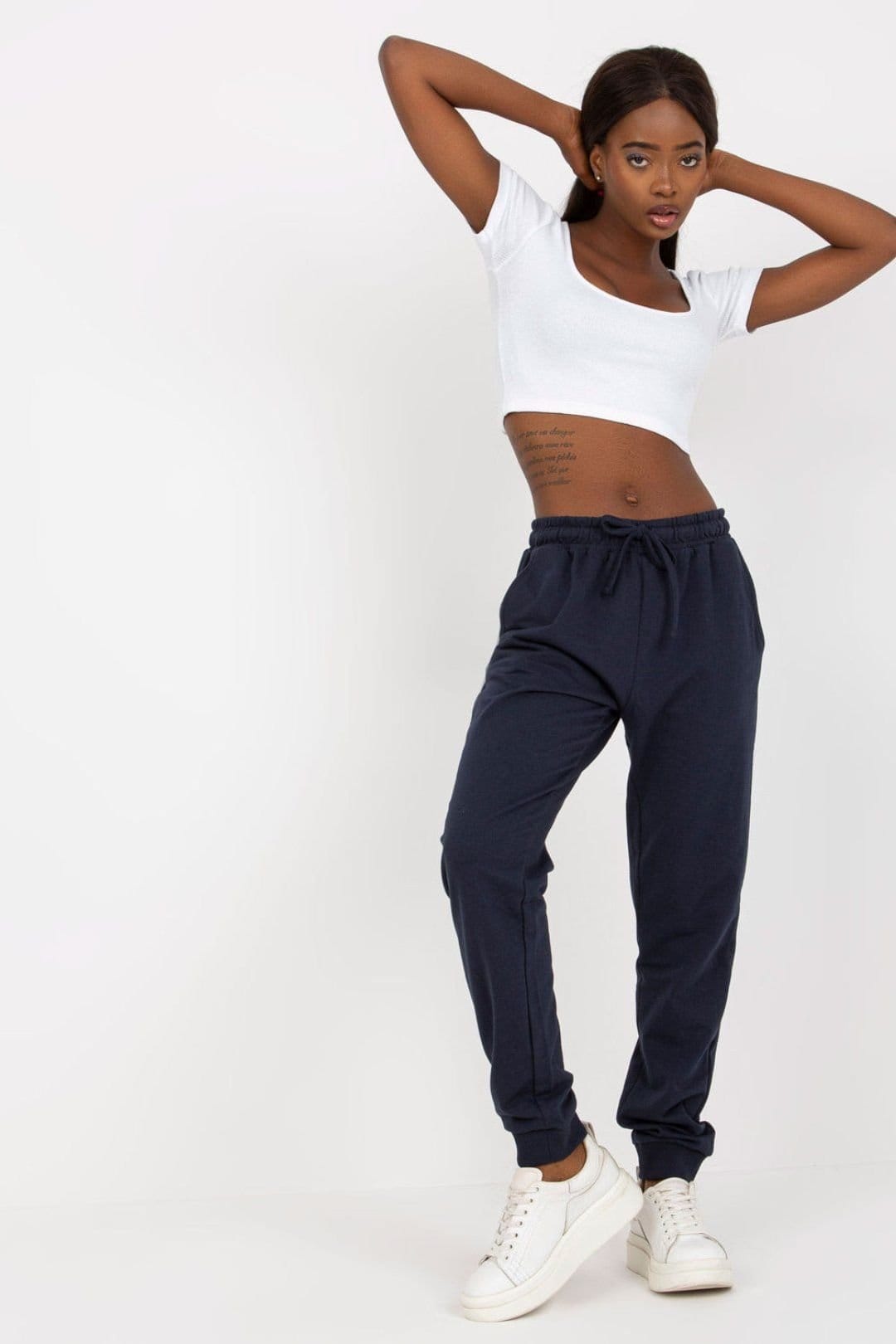 Love Lace Navy Blue High Waist Sweatpants with Tie Waist