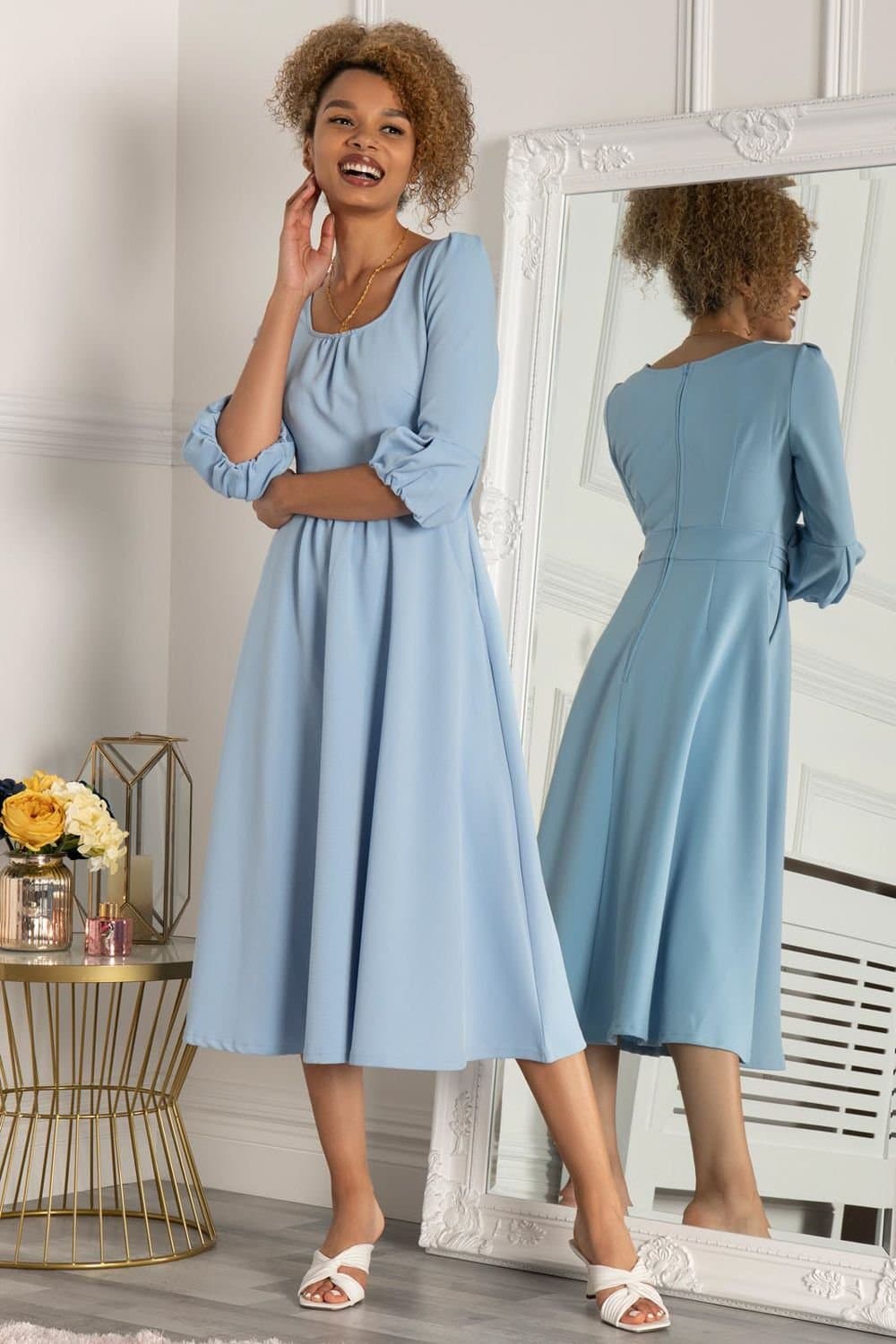Jolie Moi Jolie Moi Women's Bell Sleeve Flare Midi Dress in Blue