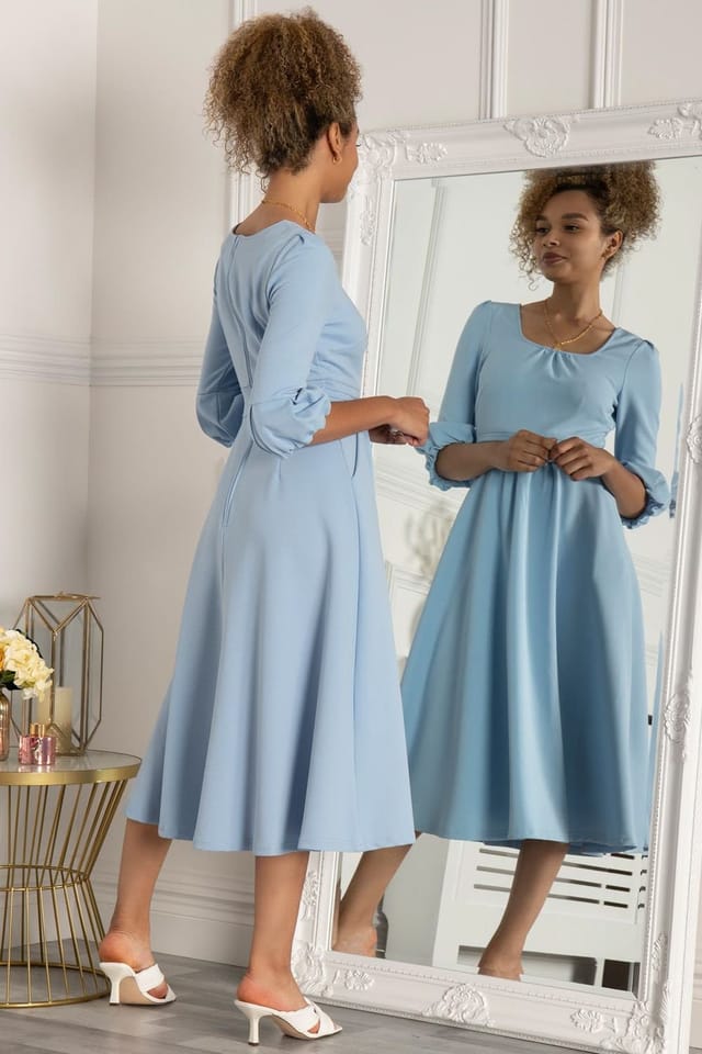 Jolie Moi Jolie Moi Women's Bell Sleeve Flare Midi Dress in Blue - 2