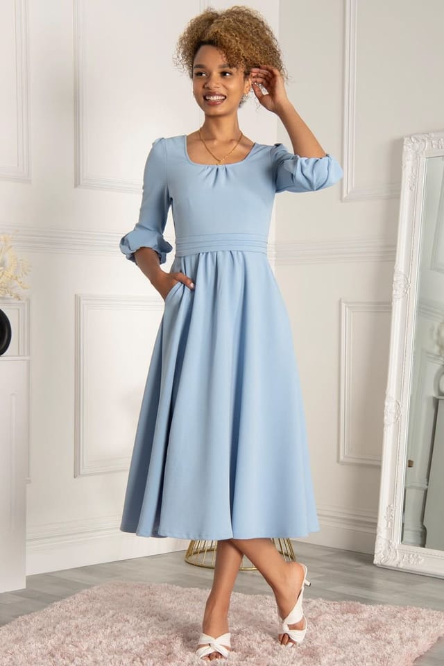 Jolie Moi Jolie Moi Women's Bell Sleeve Flare Midi Dress in Blue - 3