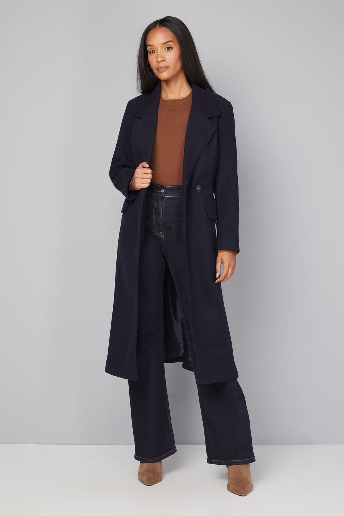 Wallis Wallis Women's Petite Side Split Belted Coat in Navy