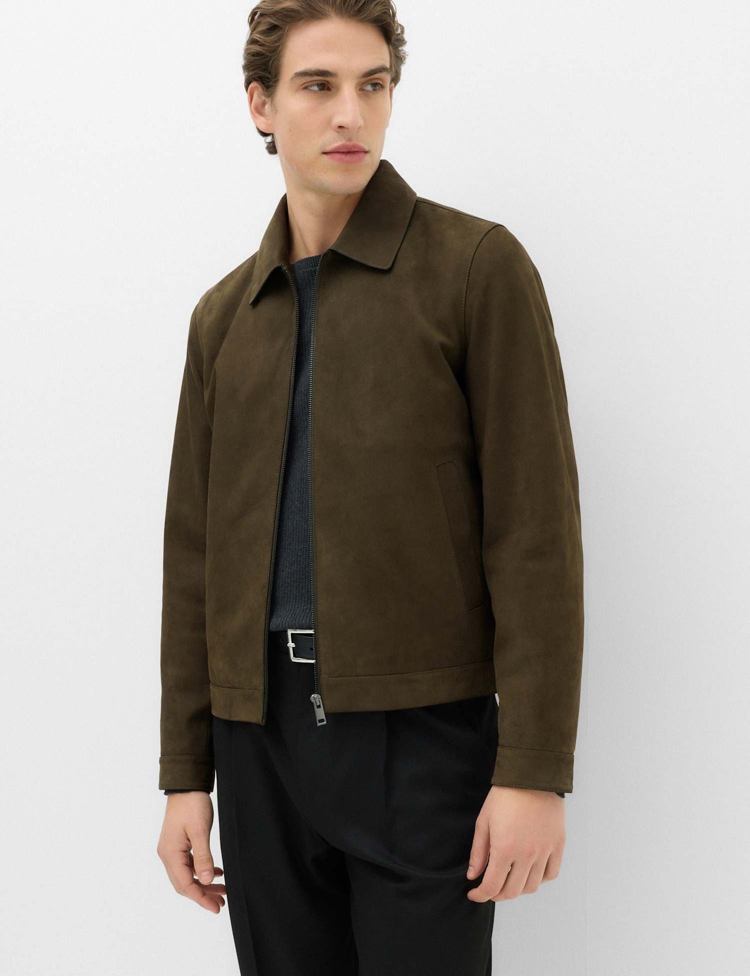 Marks & Spencer M&S Leather Nubuk Harrington Jacket Khaki