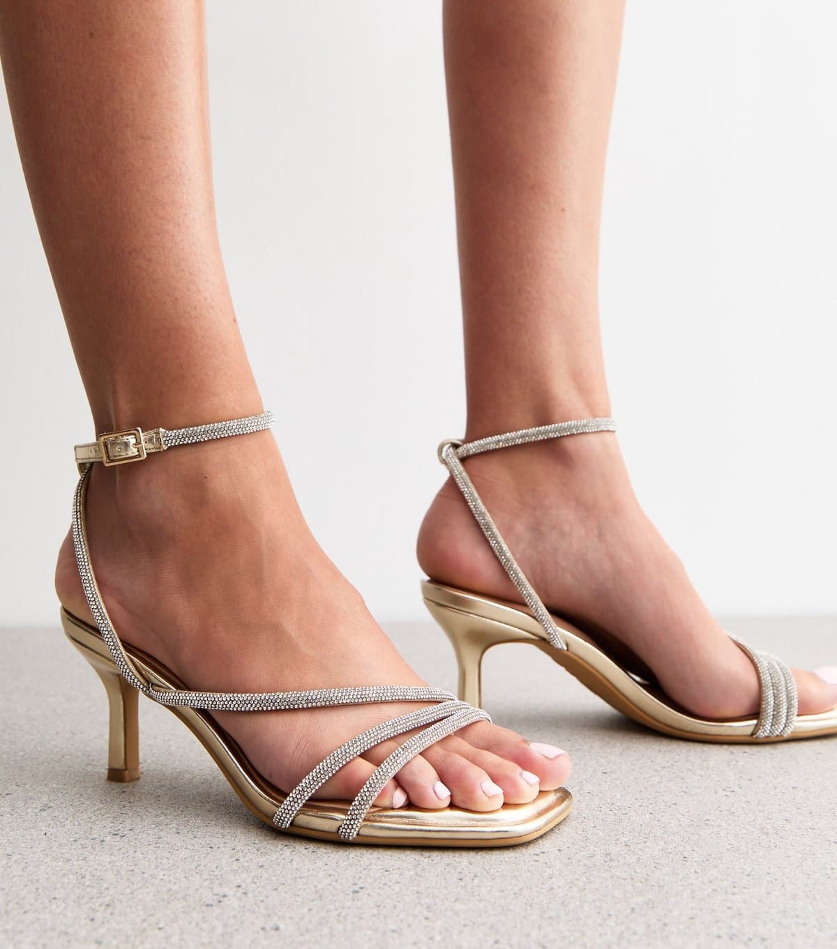 New Look Women's Wide Fit Gold Diamanté Embellished Faux Leather Sandals Vegan New Look