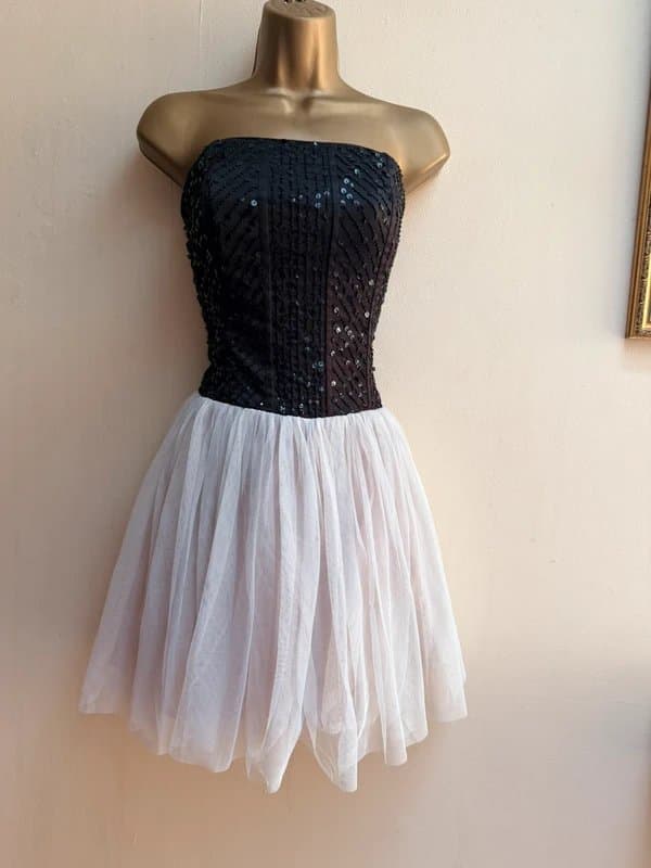 Drama Queen Black white strapless sequin corset tulle mini evening prom dress 12