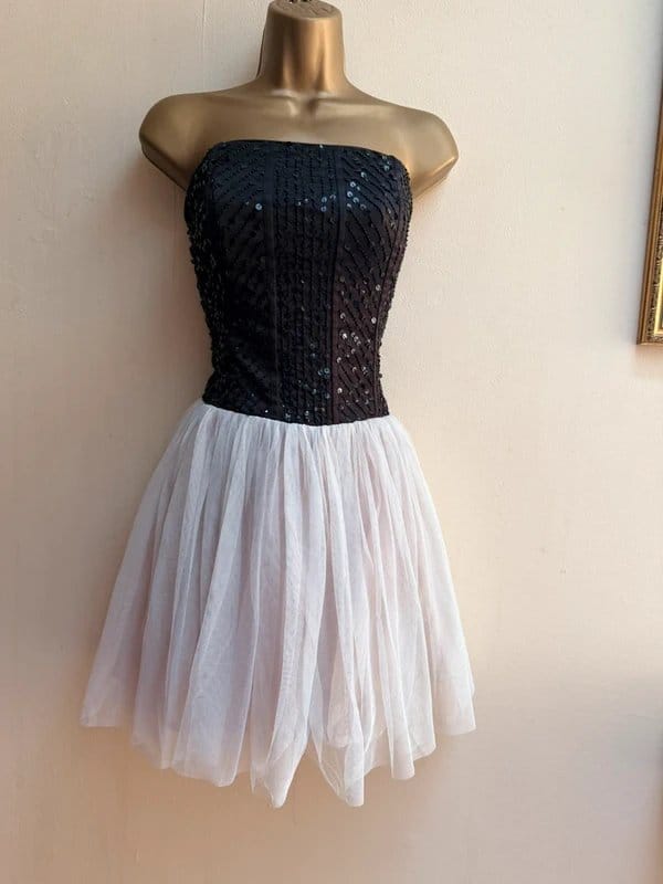 Drama Queen Black white strapless sequin corset tulle mini evening prom dress 12 - 1