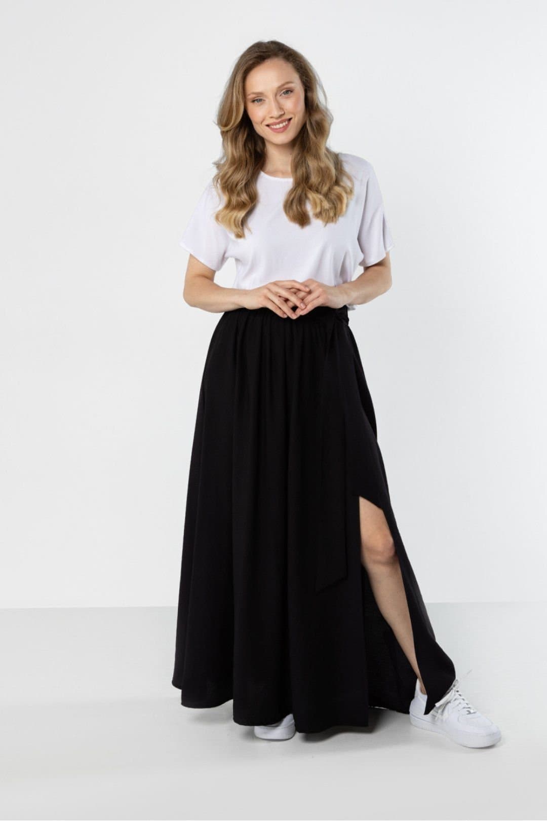 Love Lace Love Lace Women's Airy High Waist Tie Maxi Skirt with Slit in Black