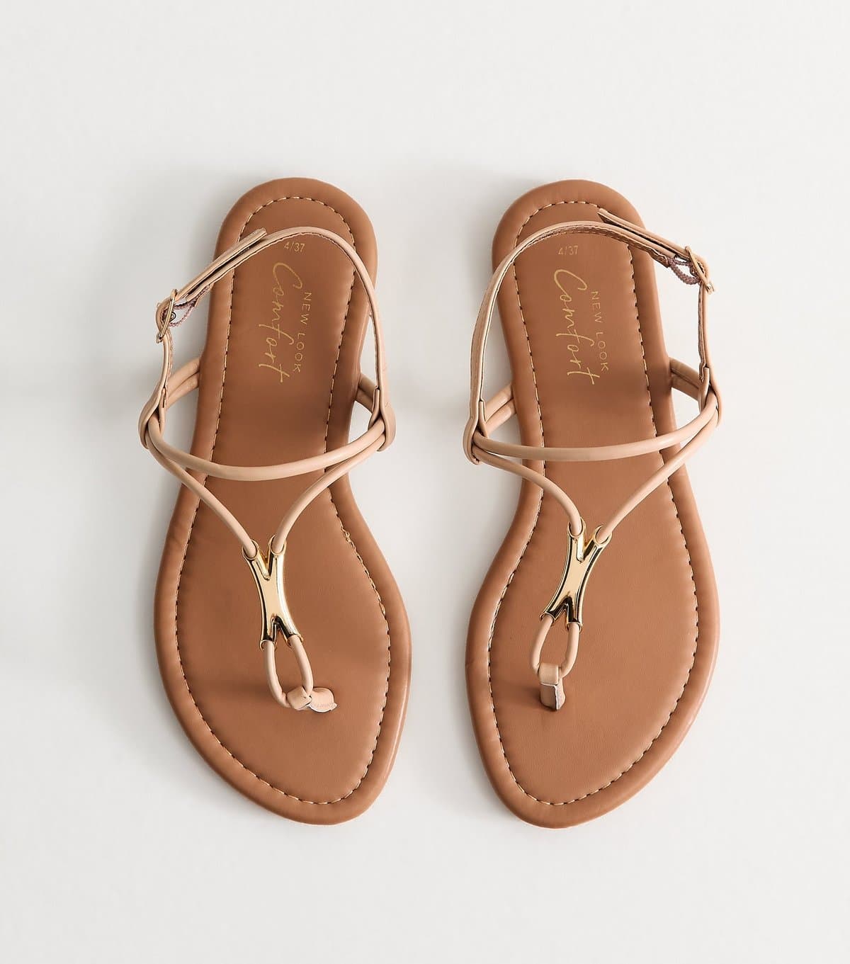 New Look Women's Oatmeal Faux Leather Hardware Detail Toe Post Sandals Vegan New Look