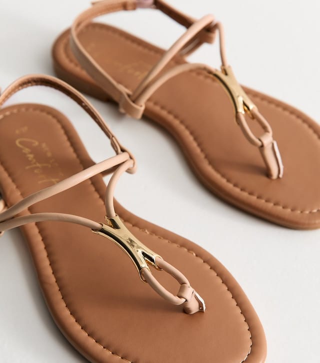 New Look Women's Oatmeal Faux Leather Hardware Detail Toe Post Sandals Vegan New Look - 3