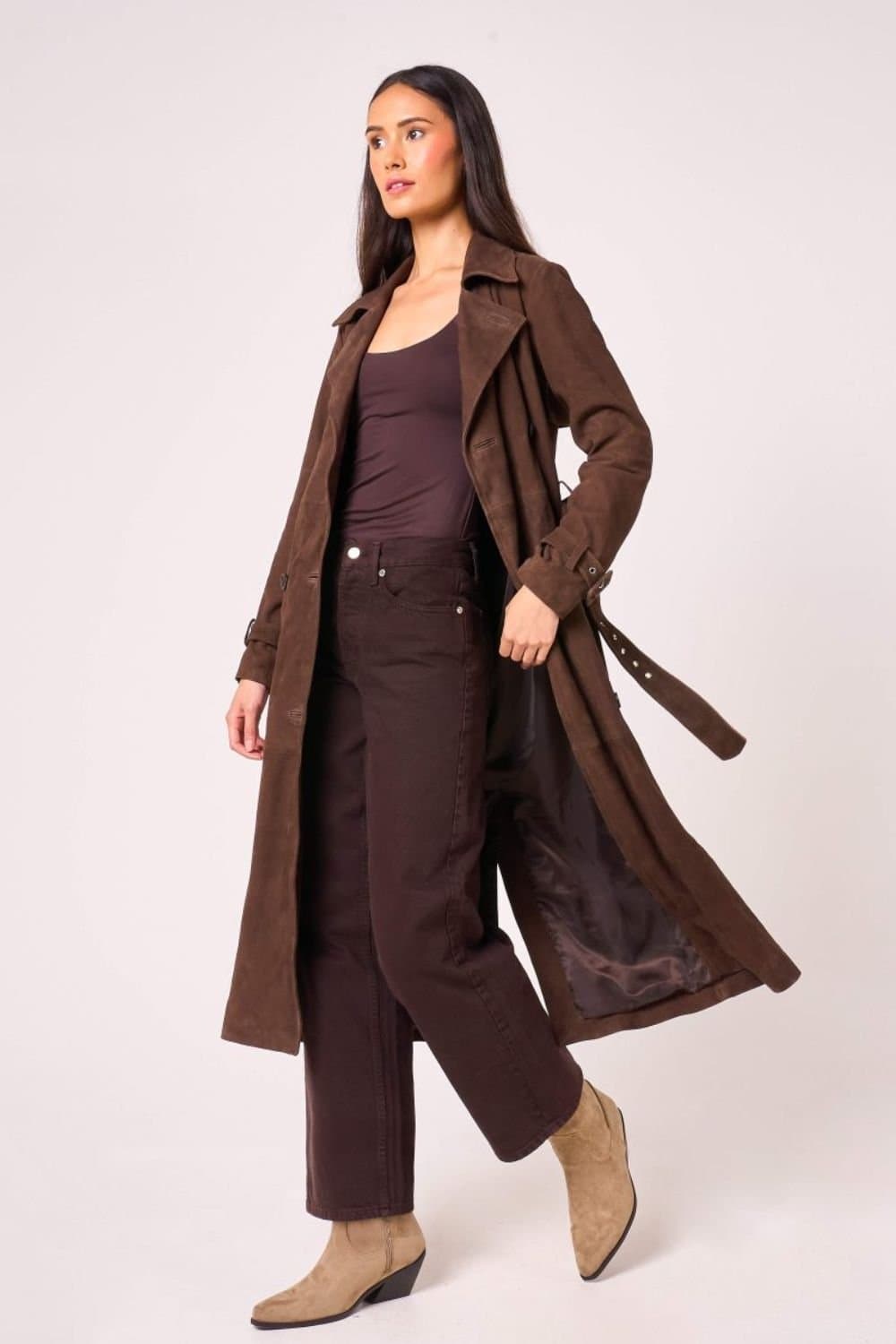 Barneys Originals Barneys Originals Women's Real Suede Chocolate Trench Coat in Brown