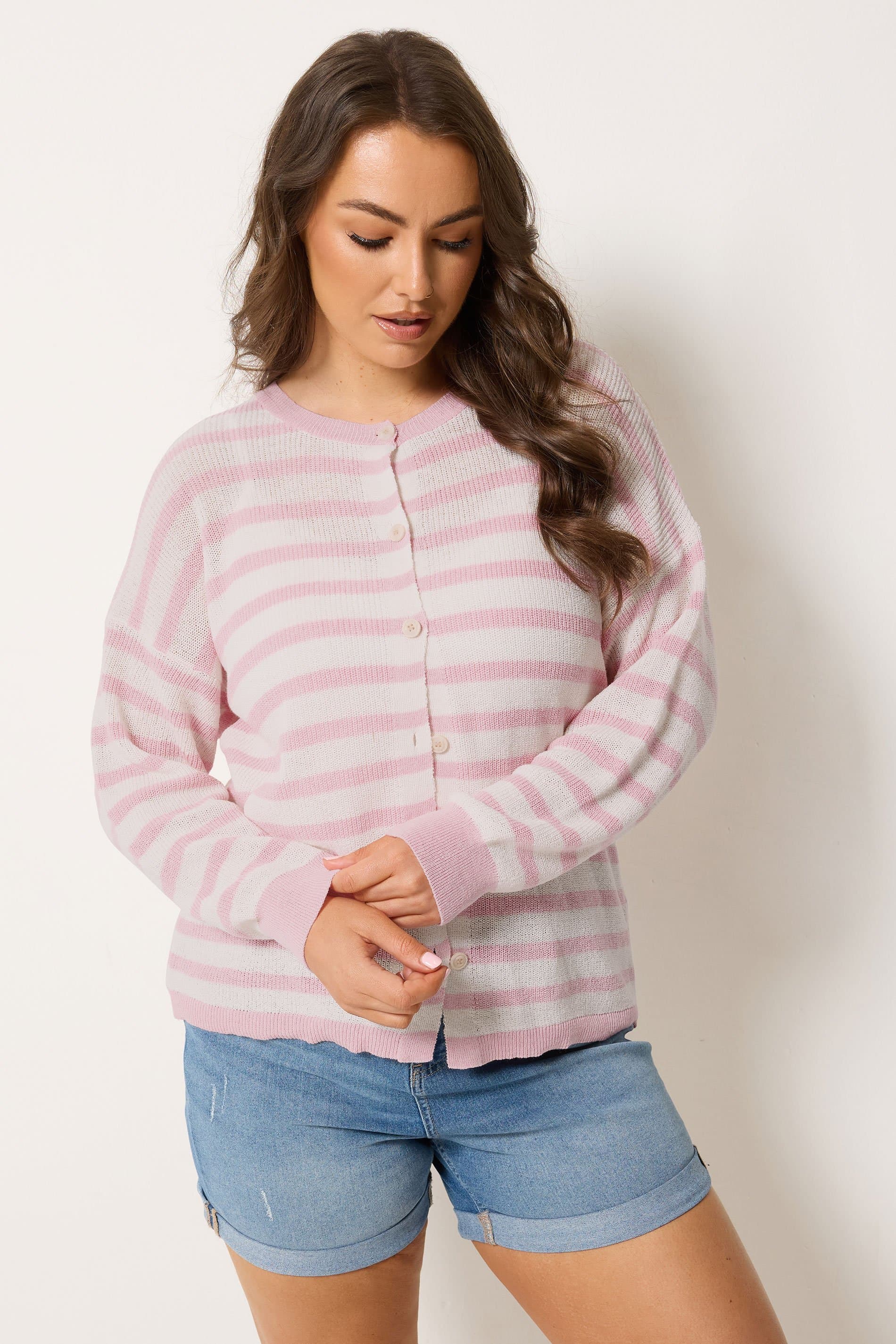 Yours Plus Size Pink Stripe Knitted Cardigan