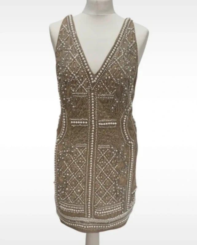 ASOS Design ASOS Velvet Pearl Embellished Summer Mini Dress Size 10 Taupe Premium RRP£95