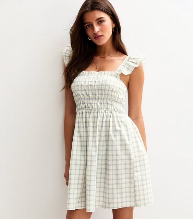 New Look Women's Blue Gingham Print Shirred Frill Strap Mini Dress New Look - 3