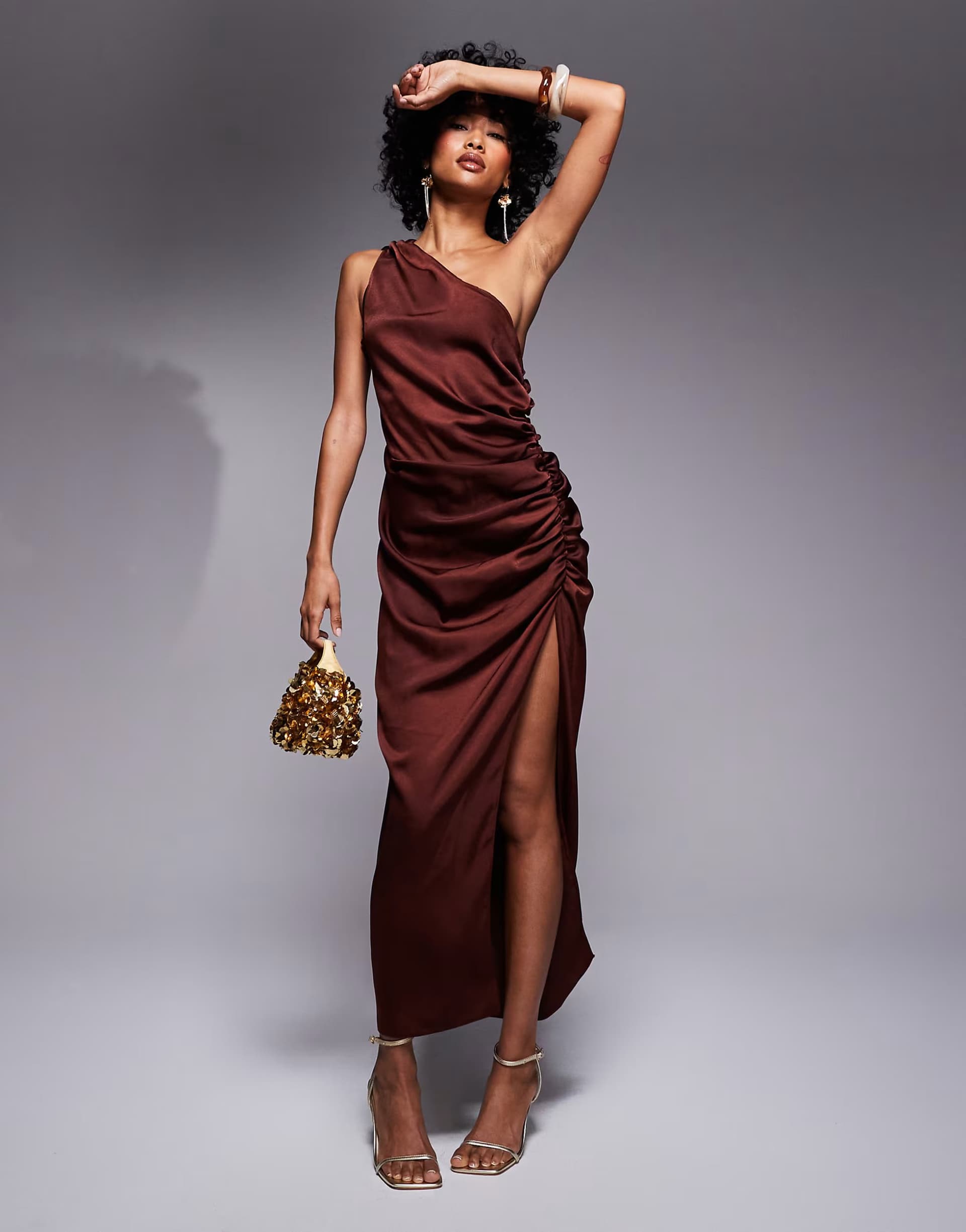 ASOS ASOS DESIGN one shoulder satin ruched side midi dress in chocolate brown