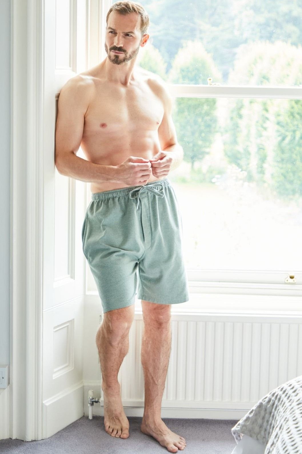 British Boxers British Boxers Men's "Moss" Herringbone Brushed Cotton Sleep Shorts in Dark Green - 2