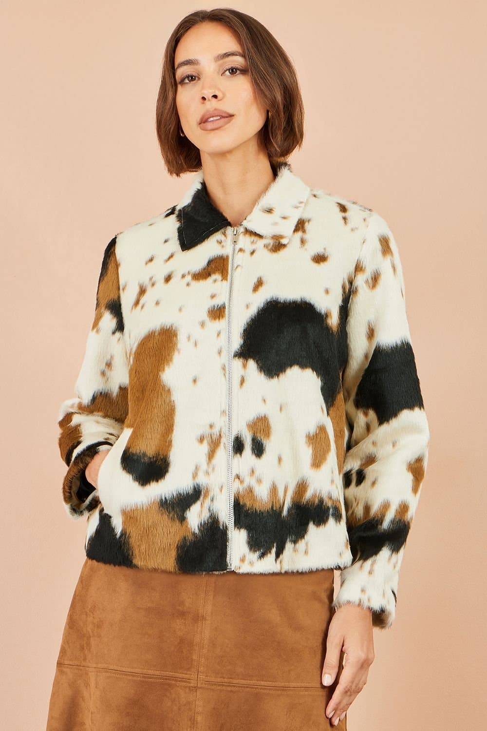 Yumi Yumi Women's Cow Print Faux Fur Zip Jacket in Brown