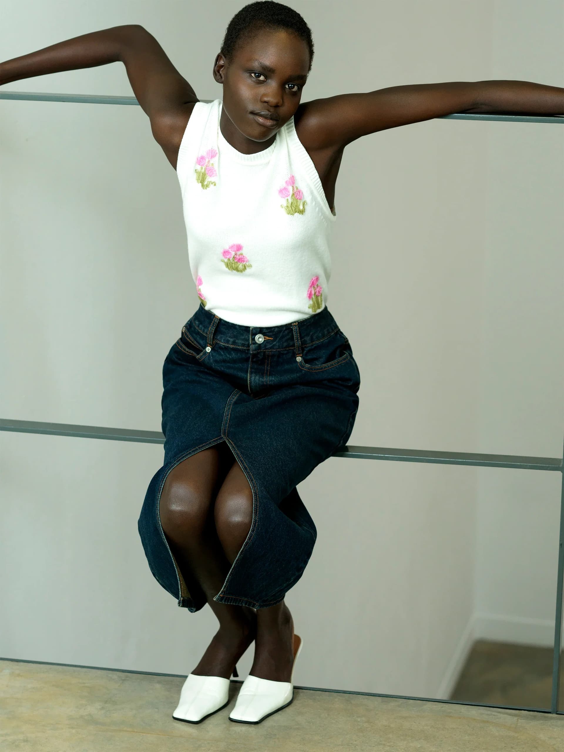 French Connection Junie Floral Applique Knit Vest Porcelain Cream/French Pink