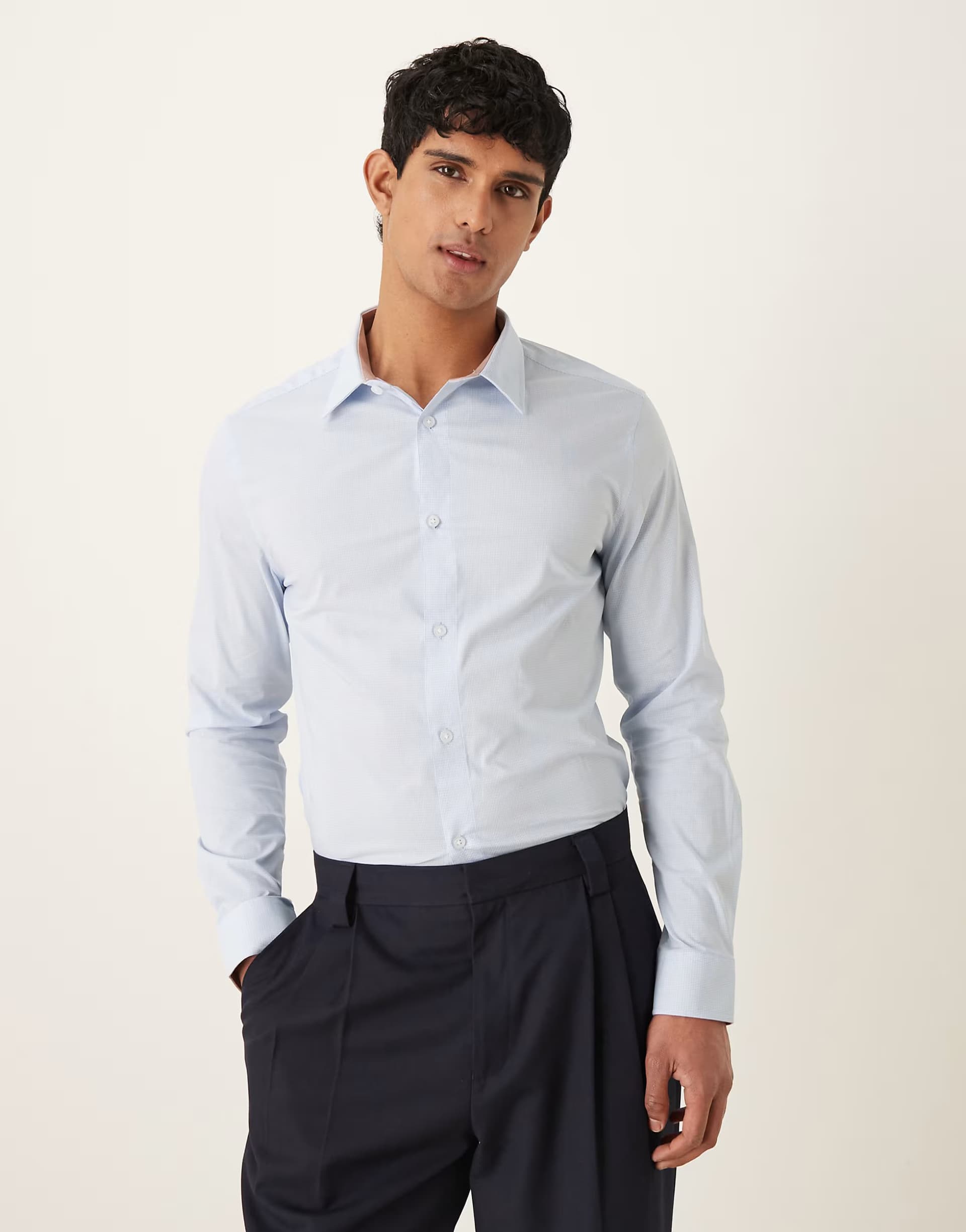 ASOS ASOS DESIGN easy iron smart slim shirt in light blue micro check