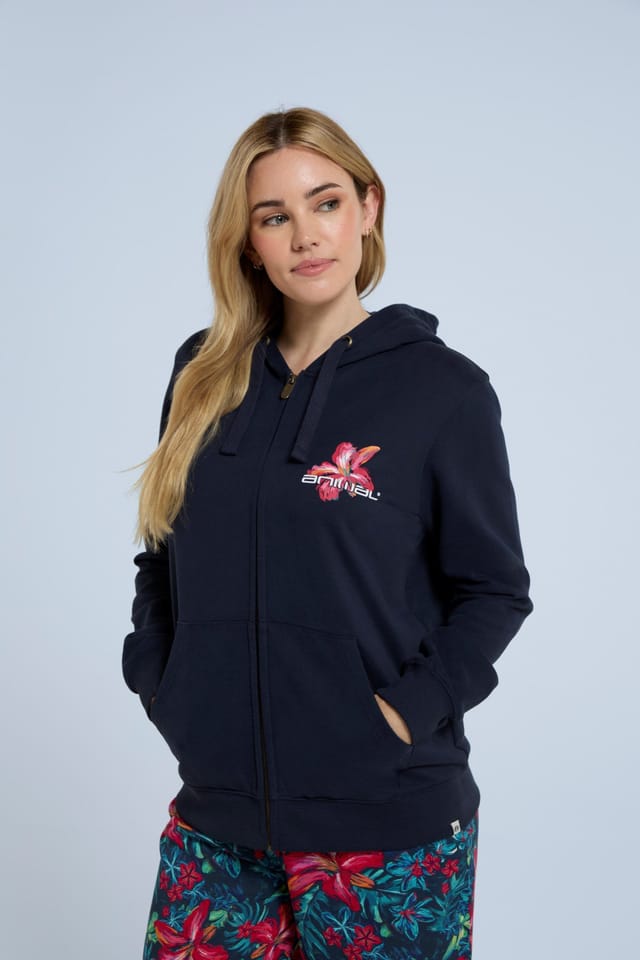 Animal Animal Women's 'Maya' Stylish Cotton Graphic Hoodie Lightweight Full Zip Sweatshirt in Navy - 2