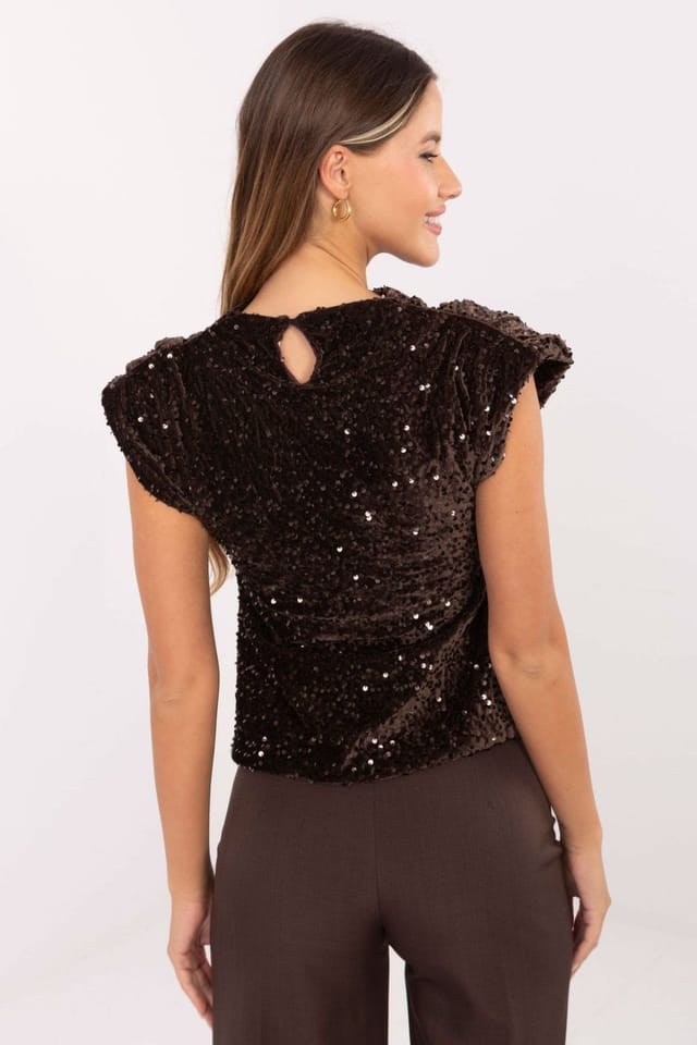 Love Lace Love Lace Women's Sparkling Sequined Sleeveless Blouse in Brown - 3