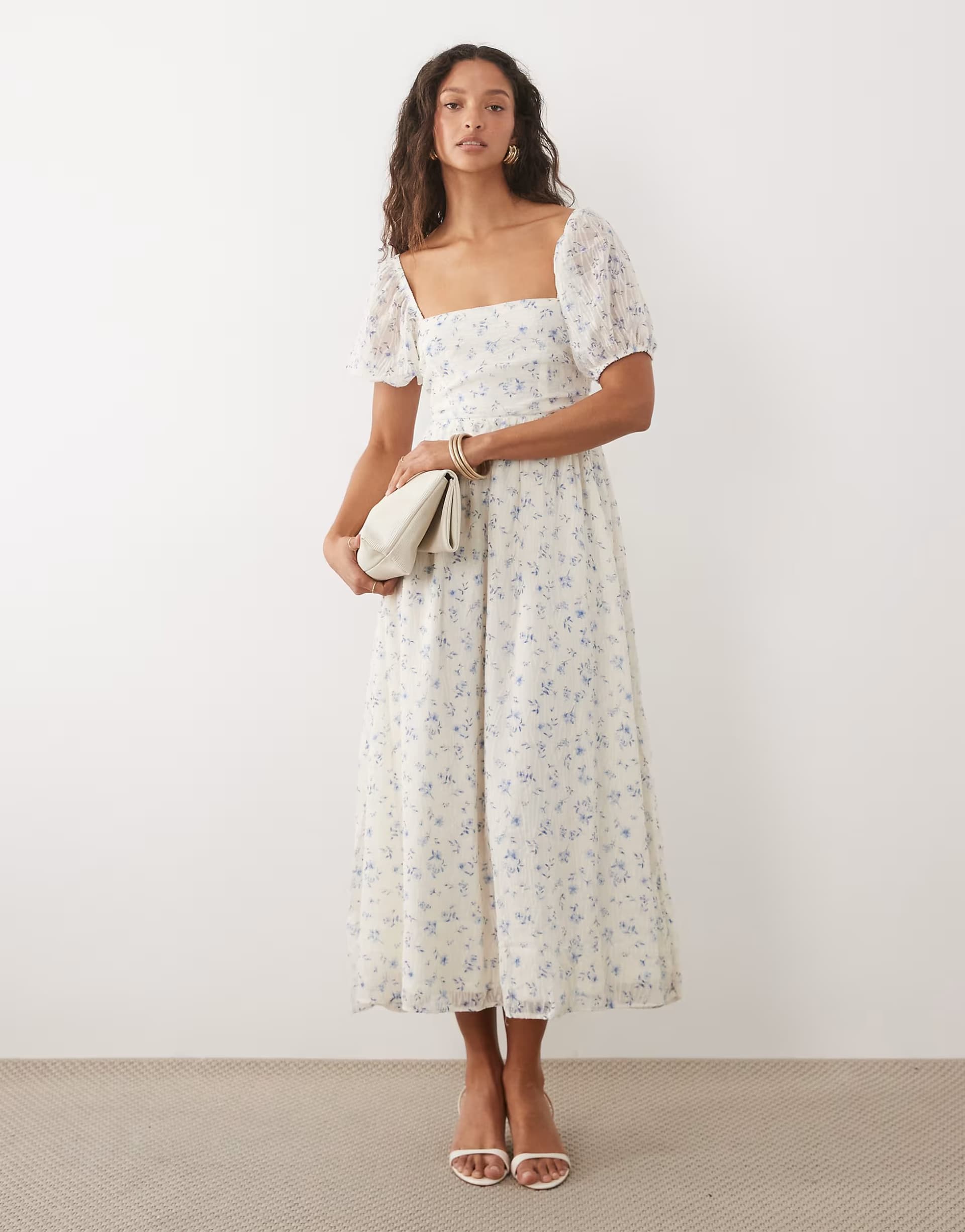 ASOS New Look ditsy floral textured tie back milkmaid dress in cream