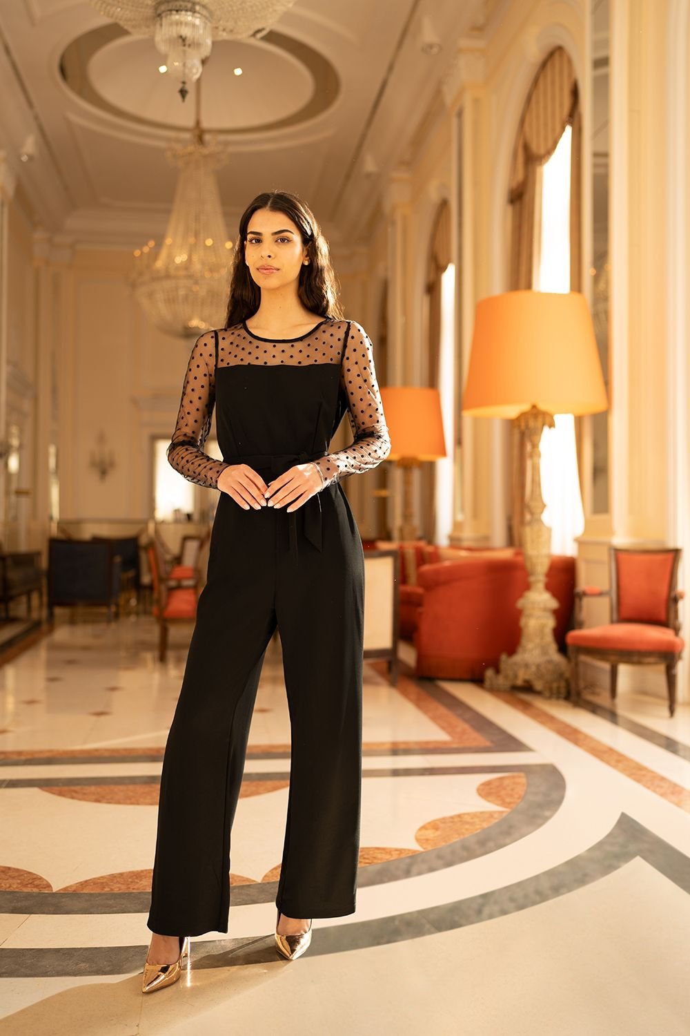 Yumi Yumi Women's Black Spot Mesh Stretch Jumpsuit - 2