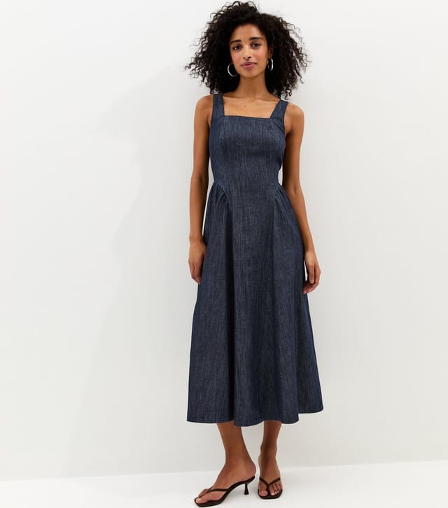 New Look Women's Navy Denim Square Neck Midi Dress New Look - 3