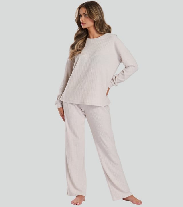 Loungeable Women's Oatmeal Super Soft Brushed Rib Lounge Set Loungeable New Look - 3