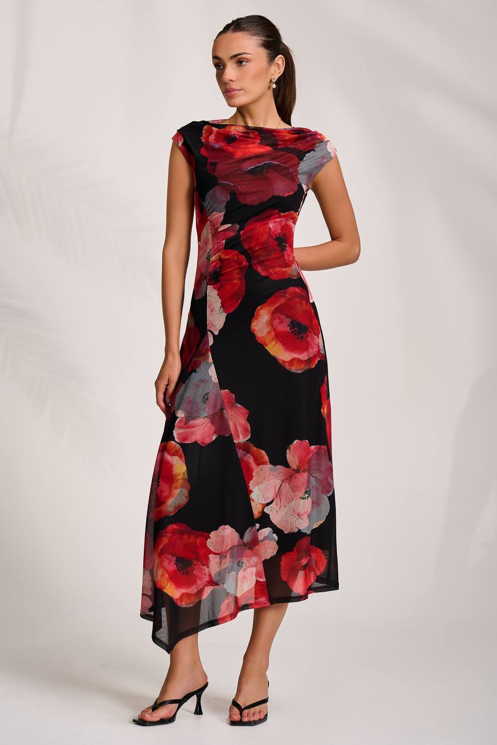 Jolie Moi Jolie Moi Women's Asymmetric Draped Mesh Midaxi Dress in Black - 4